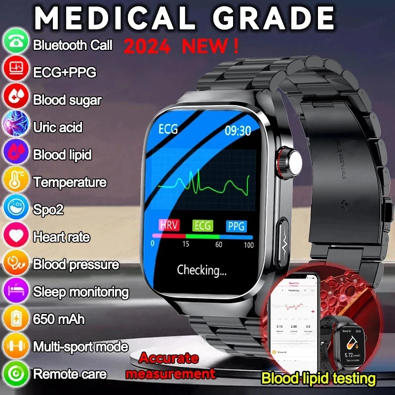 2024 New Uric Acid Blood Fat Smart Watch Men Blood Sugar ECG+PPG  Blood Pressure Bluetooth Call Sports for Xiaomi Health Watch