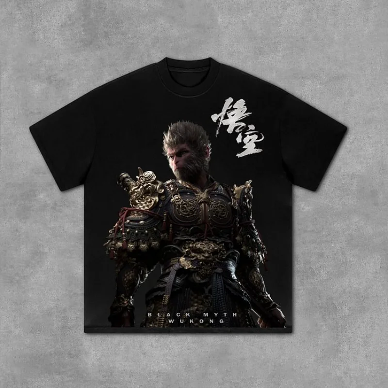 Black Myth Wukong Graphic Print 100% Cotton T-Shirt Men Y2K Summer Short Sleeves Vintage Oversize Tshirt Streetwear Women Tops