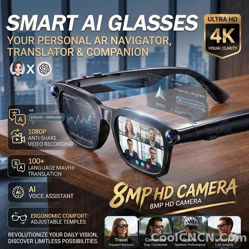 CoolWiz Smart Sports Glasses for Men – New Business Model, 8MP Camera, Anti-Shake, 100+ Language Translations via ChatGPT AI Assistant, POV Video Glasses, AI Glasses for Outdoor Sports and Daily Use - detail