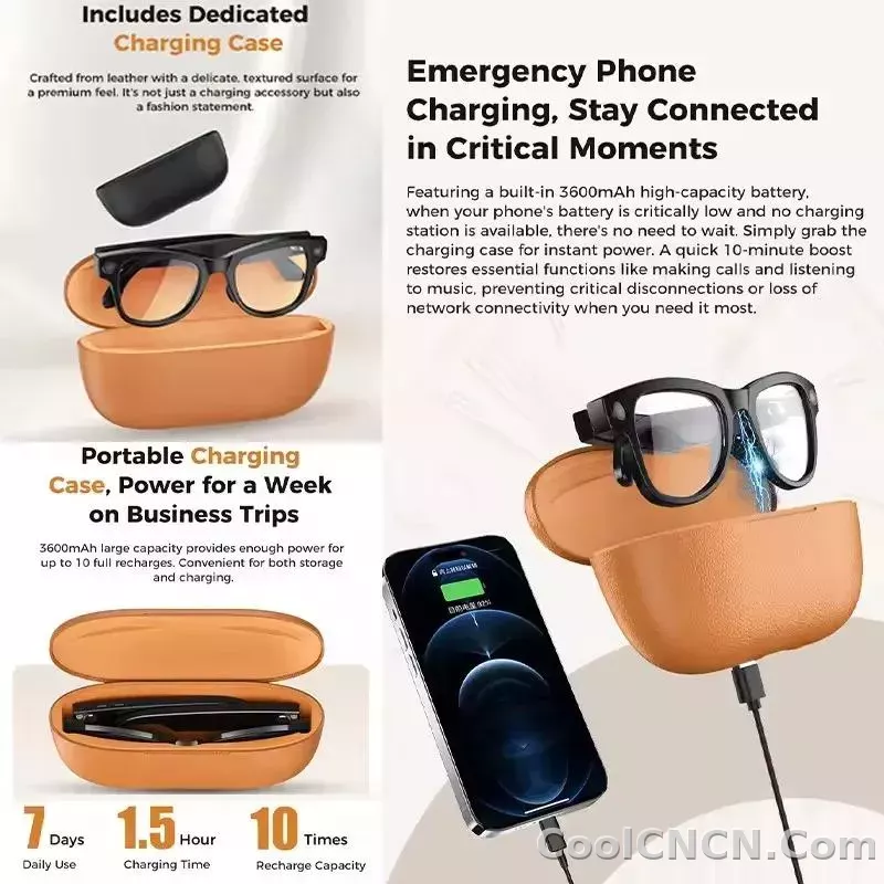 CoolWiz Smart Glasses Baru 3600MAh Pengecas Mudah Alih M02ultra Wanita 800W Kamera AI Terjemahan Rakaman Video Pemain Muzik Cermin Mata Panggilan Lelaki Untuk Sukan Luar Penggunaan Harian - detail