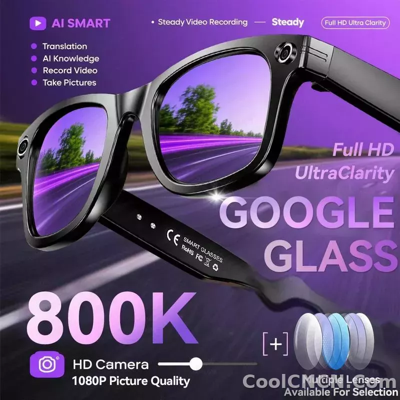 CoolWiz smart glasses with a 1080P video camera, black sunglasses, Bluetooth call translation, music playback, recording, men’s photochromic glasses for outdoor sports and everyday use