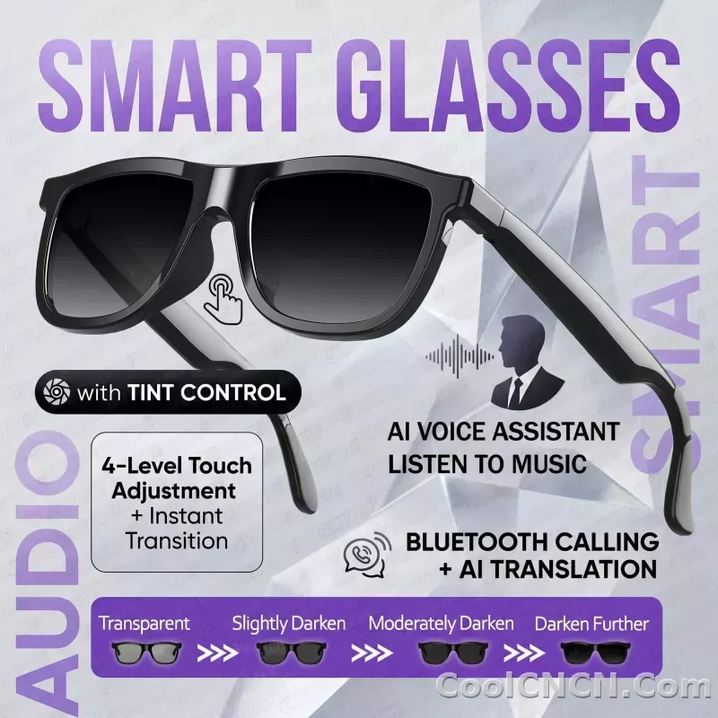 CoolWiz Smart Glasses with Audio, Electrochromic Lenses, Touch Controls, 4 New Speed Levels, 164+ Language Translations, Bluetooth Calling, Blackout Sunglasses, Music, ChatGPT — for outdoor sports and everyday use - detail