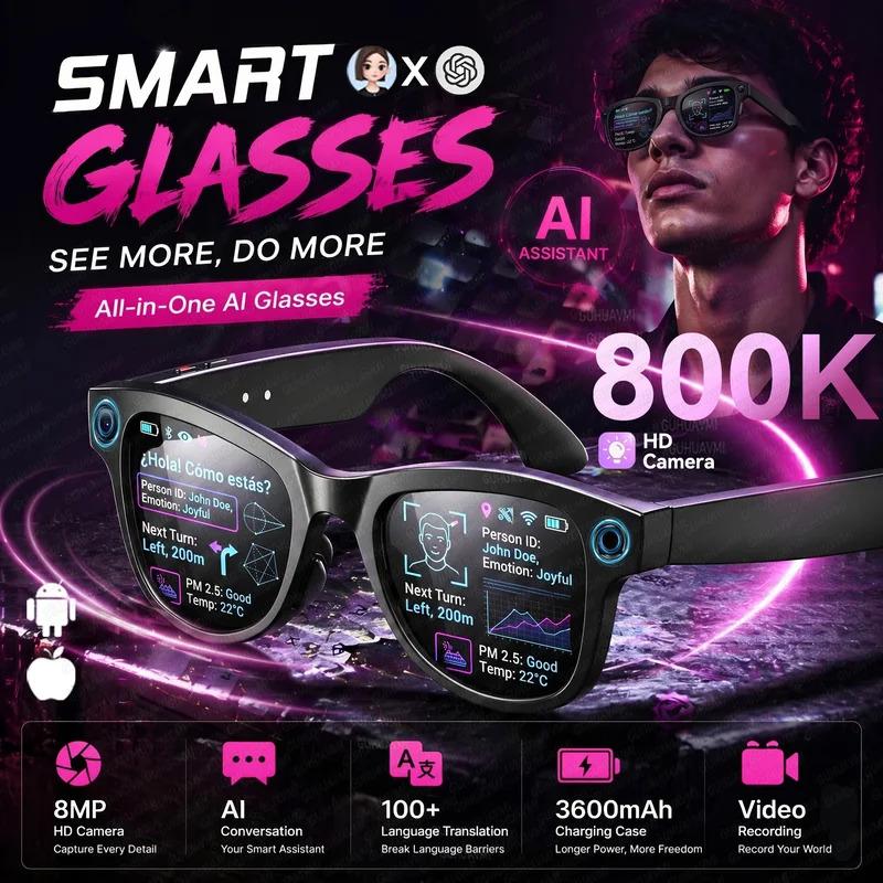 CoolWizNew 3600MAh Sarung Pengecas Cermin Mata Pintar AI Lelaki 800W Kamera Pixel 1080P Video POV 100+Terjemahan Pembantu AI Cermin Mata Hitam IOS Untuk Sukan Luar Penggunaan Harian - gallery