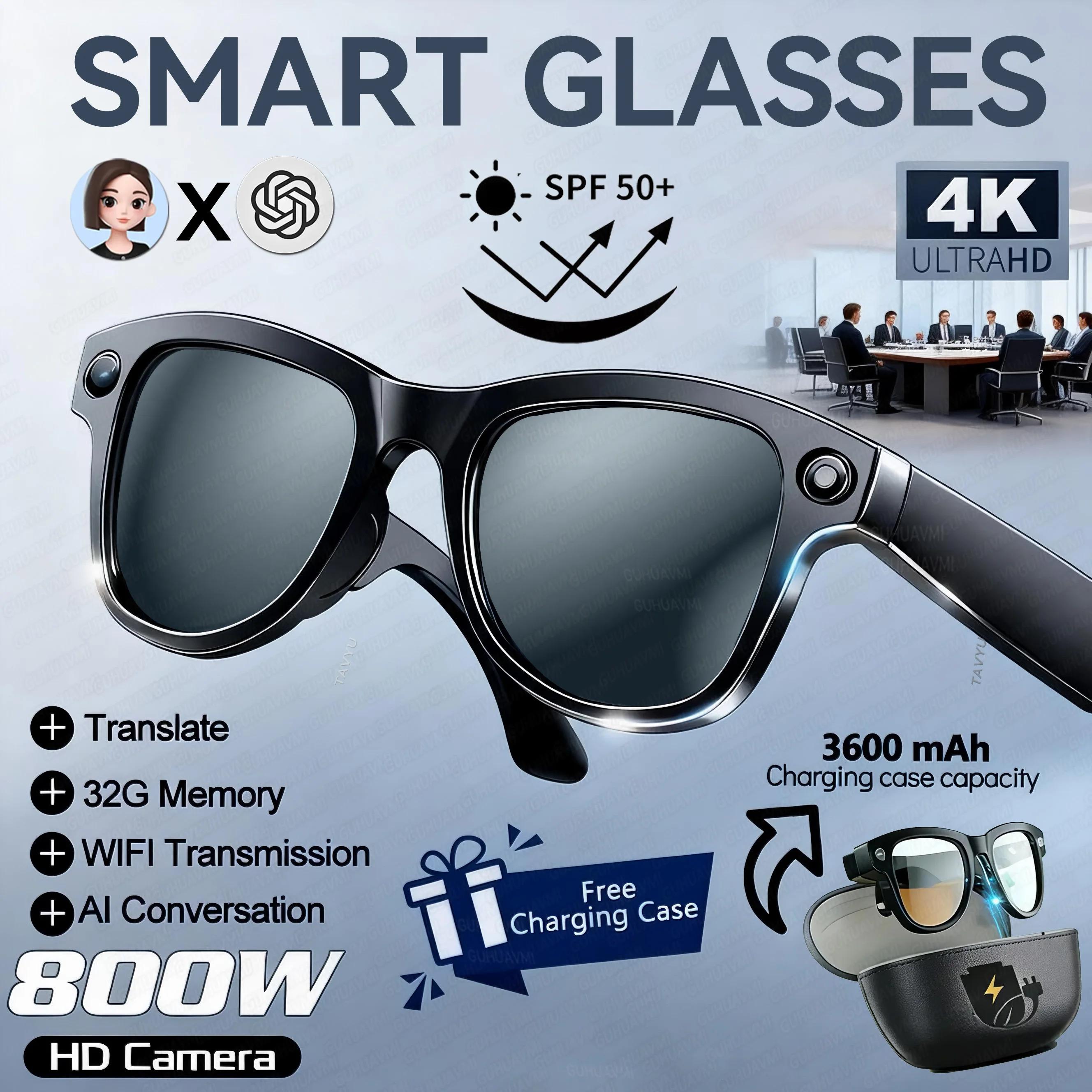 CoolWizNew 3600MAh Sarung Pengecas Cermin Mata Pintar AI Lelaki 800W Kamera Pixel 1080P Video POV 100+Terjemahan Pembantu AI Cermin Mata Hitam IOS Untuk Sukan Luar Penggunaan Harian - gallery