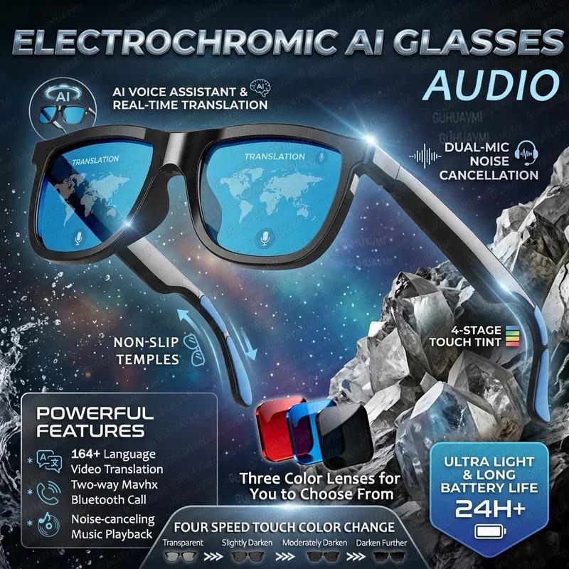 CoolWiz Cermin Mata Pintar Audio Lensa Elektrochromic Sentuhan 4 Kelajuan Baharu 164+Terjemahan Bahasa Panggilan Bluetooth Cermin Mata Hitam Muzik ChatGPT Untuk Sukan Luar dan Penggunaan Harian