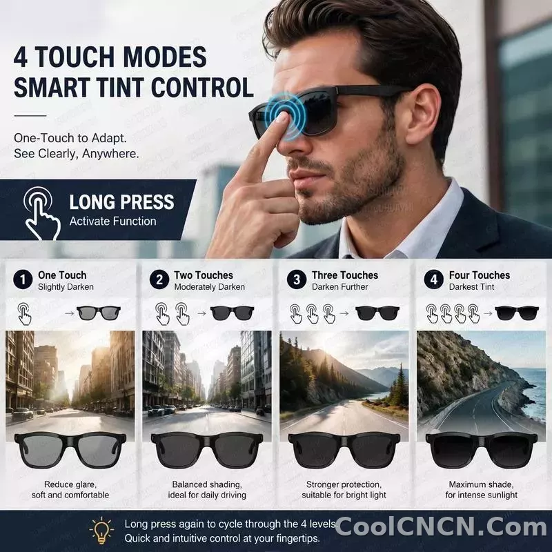 CoolWiz Cermin Mata Pintar Bluetooth 4 Tahap Elektrochromic AI Baharu ChatGPT 164+Terjemahan Bahasa Muzik Panggilan Bebas Tangan Cermin Mata Hitam Untuk Sukan Luar Penggunaan Harian - detail
