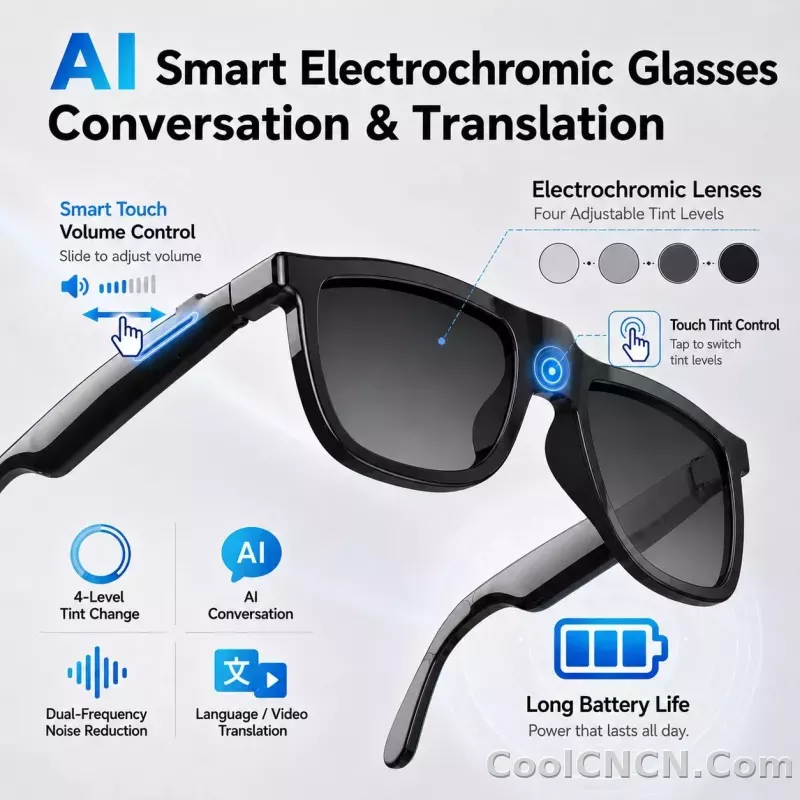 CoolWiz Cermin Mata Pintar Bluetooth 4 Tahap Elektrochromic AI Baharu ChatGPT 164+Terjemahan Bahasa Muzik Panggilan Bebas Tangan Cermin Mata Hitam Untuk Sukan Luar Penggunaan Harian - detail