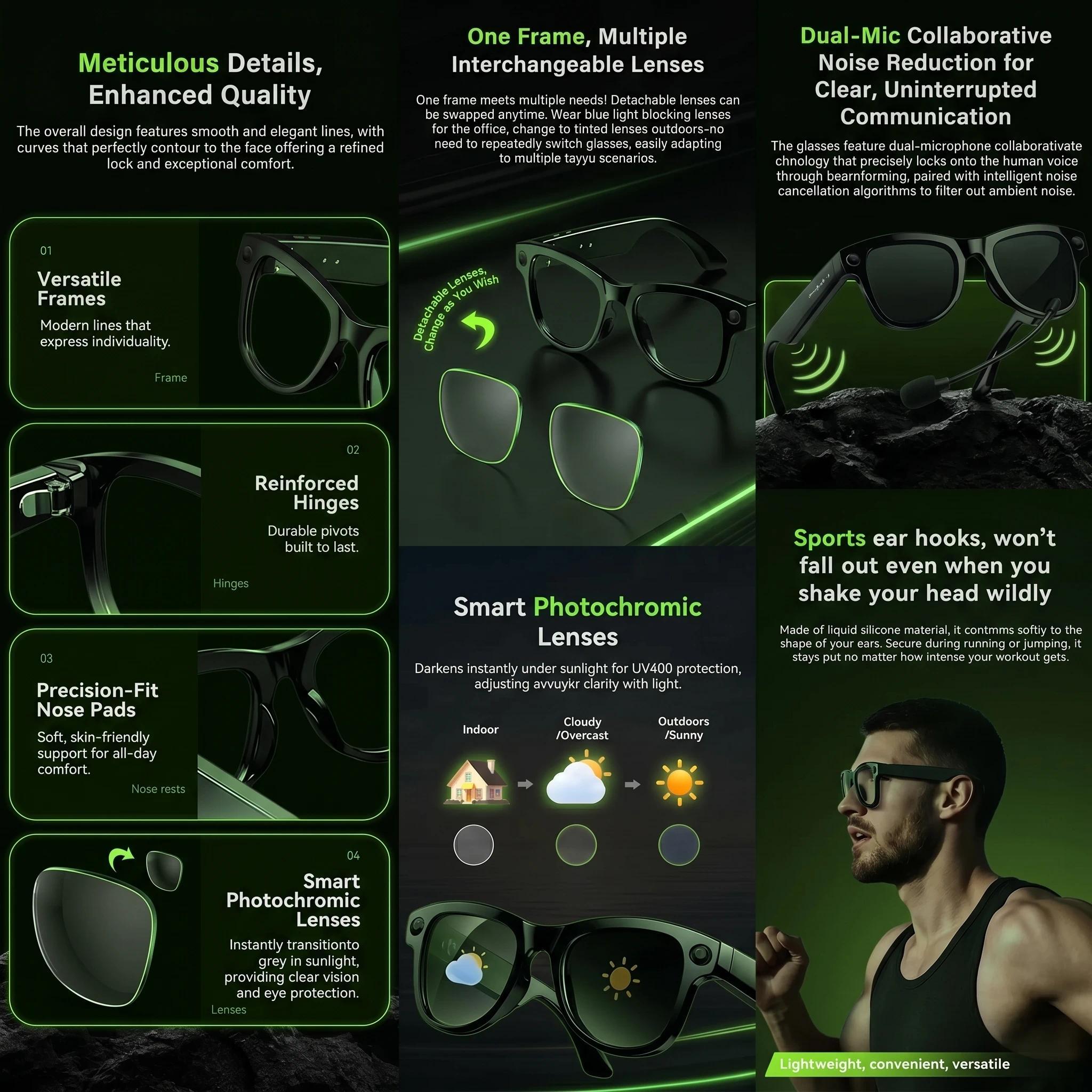 2026 AI Smart Glasses 1080P HD Camera Video Recorder Voice Translation Wireless Audio WiFi Sync Touch Eyewear for Travel Men Use - gallery