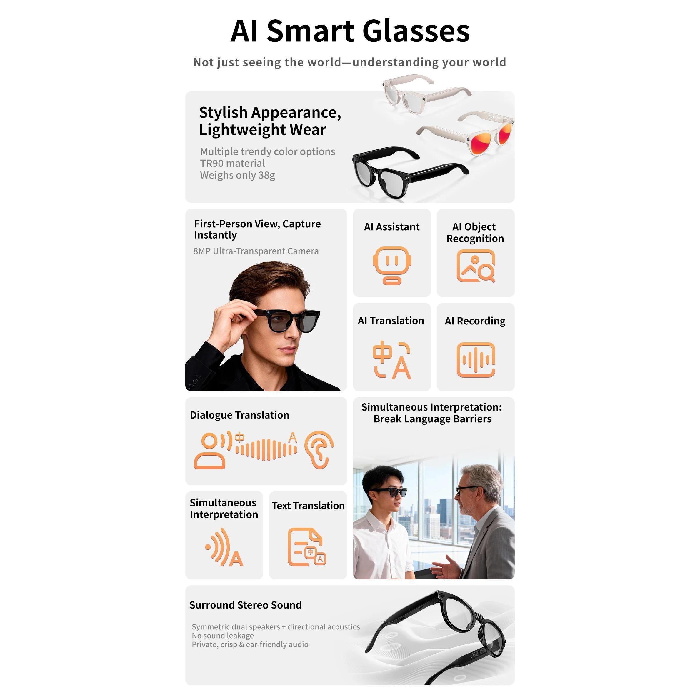 AI Smart Glasses 8MP HD Camera Video Recording AI Translation Voice Assistant TR90 Ultralight Bluetooth Call Music Smart Eyewear - gallery