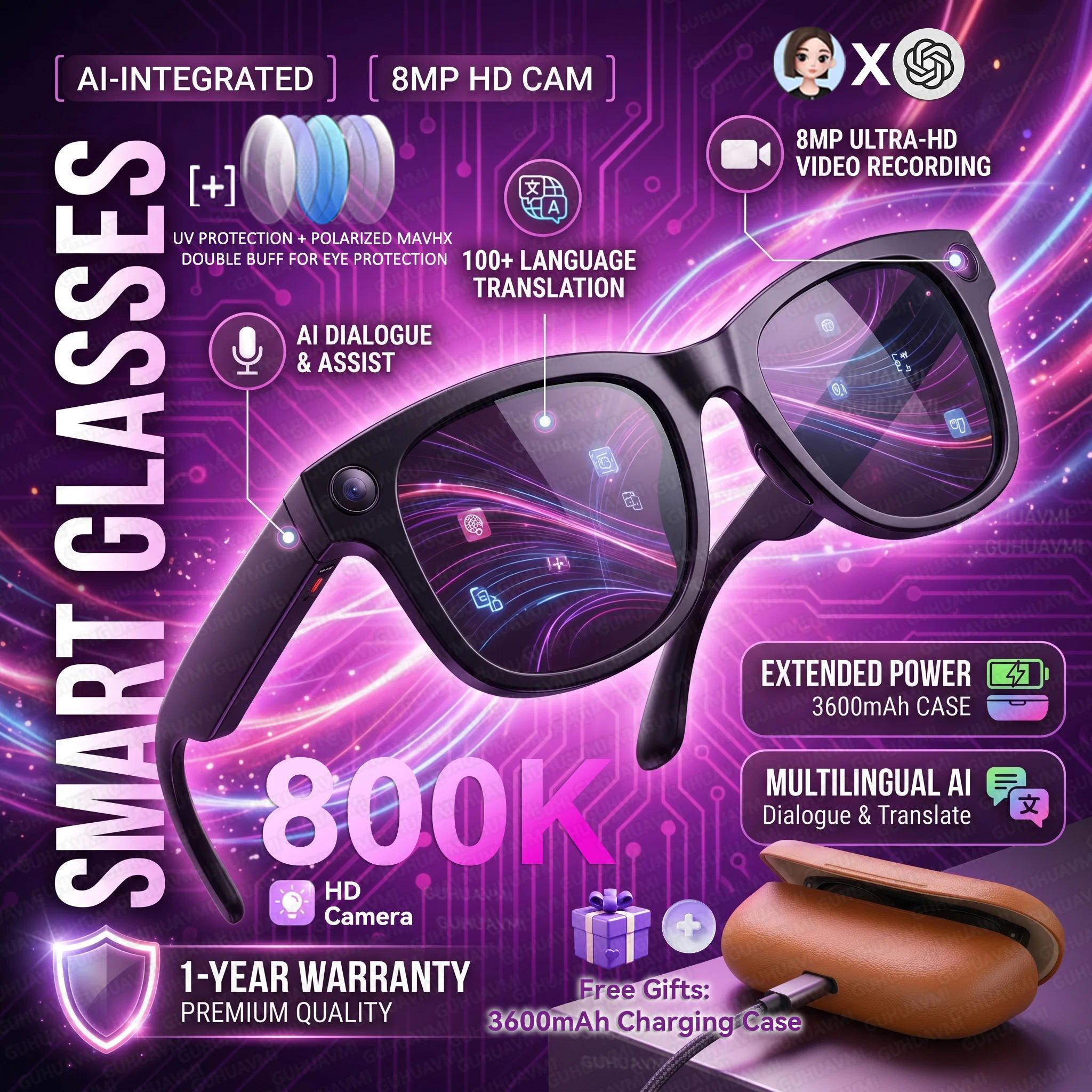 2026 AI Smart Glasses M02 Ultra 1080P HD Camera ChatGPT 3600mAh Charging 800W Camera 32GB Translation Music POV Video Sunglasse