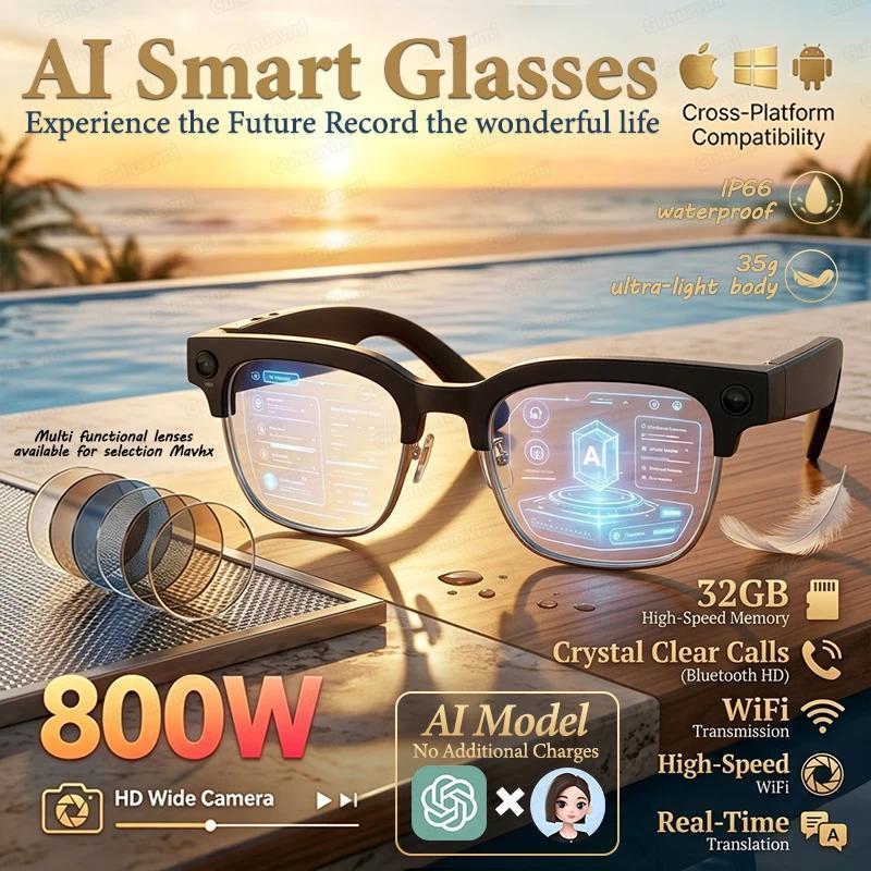 AI Real Time Translation Smart Glasses 1080P Camera Video Recorder Dual Mic Noise Canceling Bluetooth 3D Audio Sunglass 32G 2026