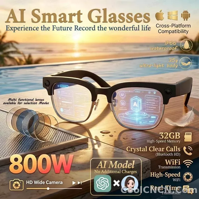 AI Real Time Translation Smart Glasses 1080P Camera Video Recorder Dual Mic Noise Canceling Bluetooth 3D Audio Sunglass 32G 2026