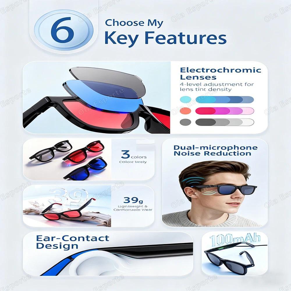 2026 Smart Audio Glasses Touch Control Color Changing Lens Dual Microphone Noise Reduction AI translation Bluetooth Sunglasses - gallery