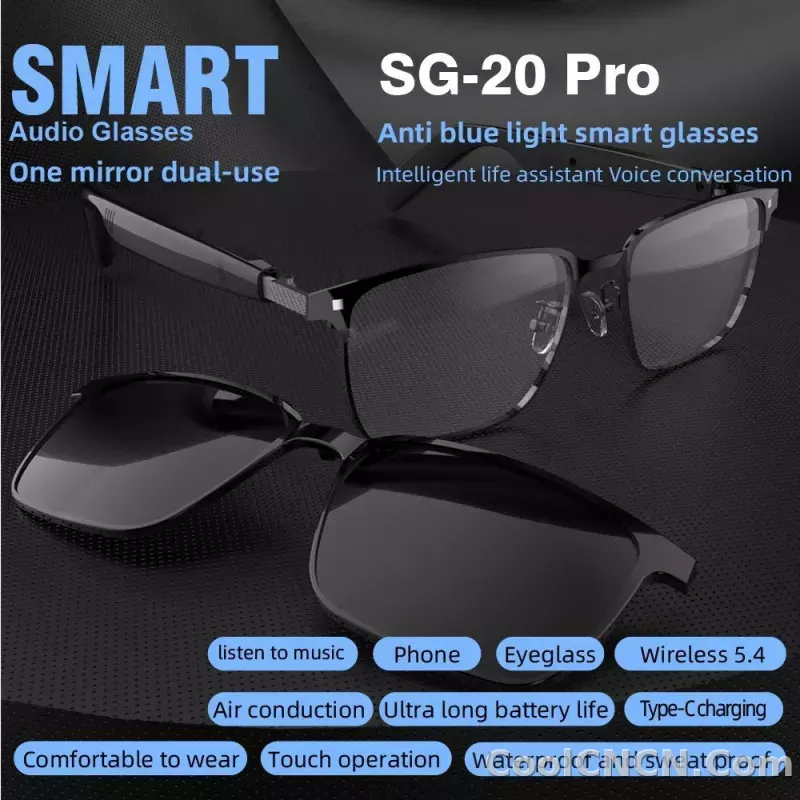 SG-20 Pro TWS 2-in-1 Smart Bluetooth Glasses - Convertible Sunglasses & Clear Lenses, Wireless Audio, Touch Control - detail