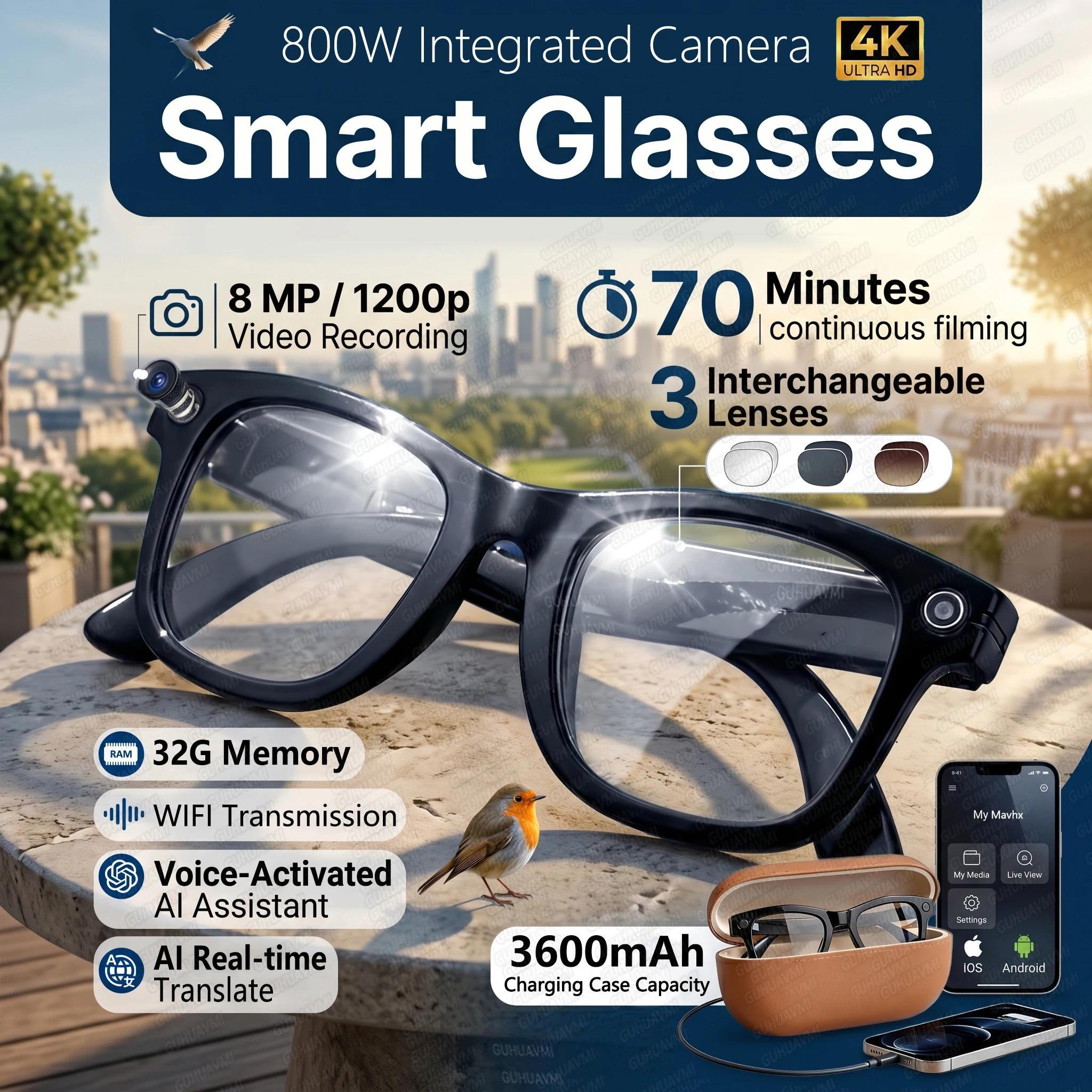 2026 New 3600mAh Battery AI Glasses Men 800W 4k Camera 32G Memory Photos&Video 160+Translation ChatGPT Music Smart Glasses Women