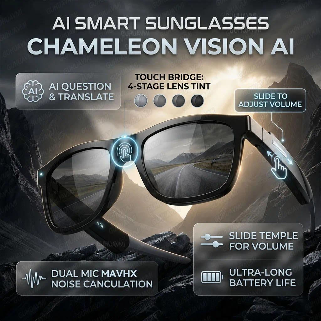 New 2026 Pro Smart Sunglasses Bluetooth AI Voice Assistant Translation HD Audio ENC Dual Mic Touch Color Change IP65 TR90 Frame