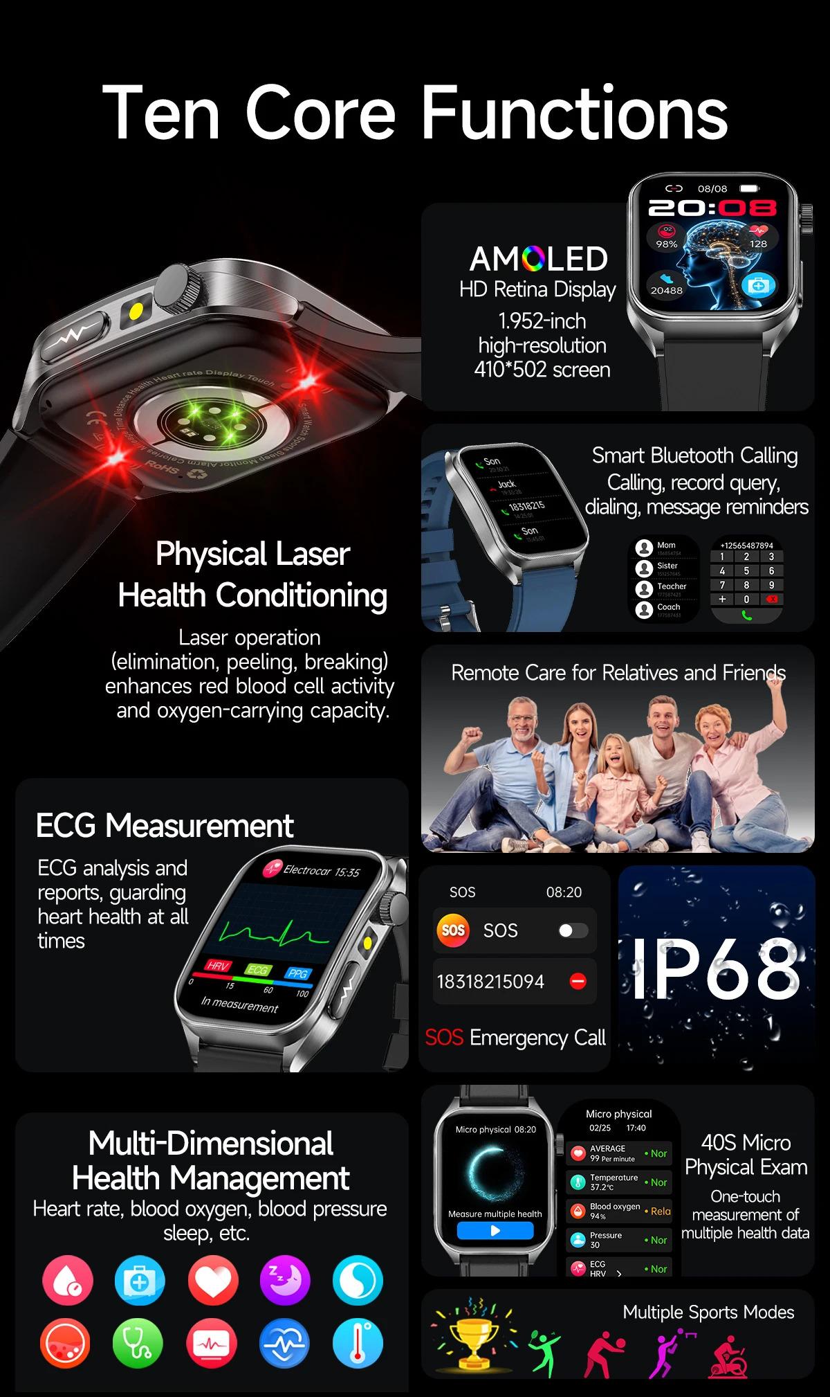 CoolWiz New Laser Therapy Smart Watch, ECG+PPG, Men’s 3D Curved Design, Sapphire Glass, Blood Pressure, Uric Acid, Lipids Monitoring, Sports smartwatch for outdoor activities and daily use - gallery