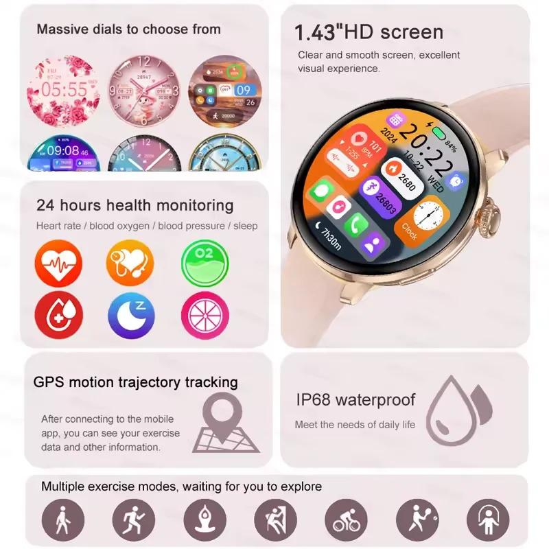 CoolWiz New Women’s Smart Watch, 1.43″ AMOLED HD Screen, GPS, Heart Rate Monitor, Bluetooth Calling, Waterproof, Outdoor Smart Watch for Women, Suitable for Sports, Outdoor Activities, and Daily Use