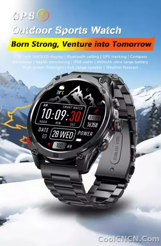 CoolWiz 025 Professional Sports Smart Watch, Military-Grade, Dual-Band GPS Positioning for Men, 10 ATM Water Resistance, 1000 mAh Battery, Compass Bracelet, Compatible with iOS—Ideal for Outdoor Sports and Everyday Use - detail