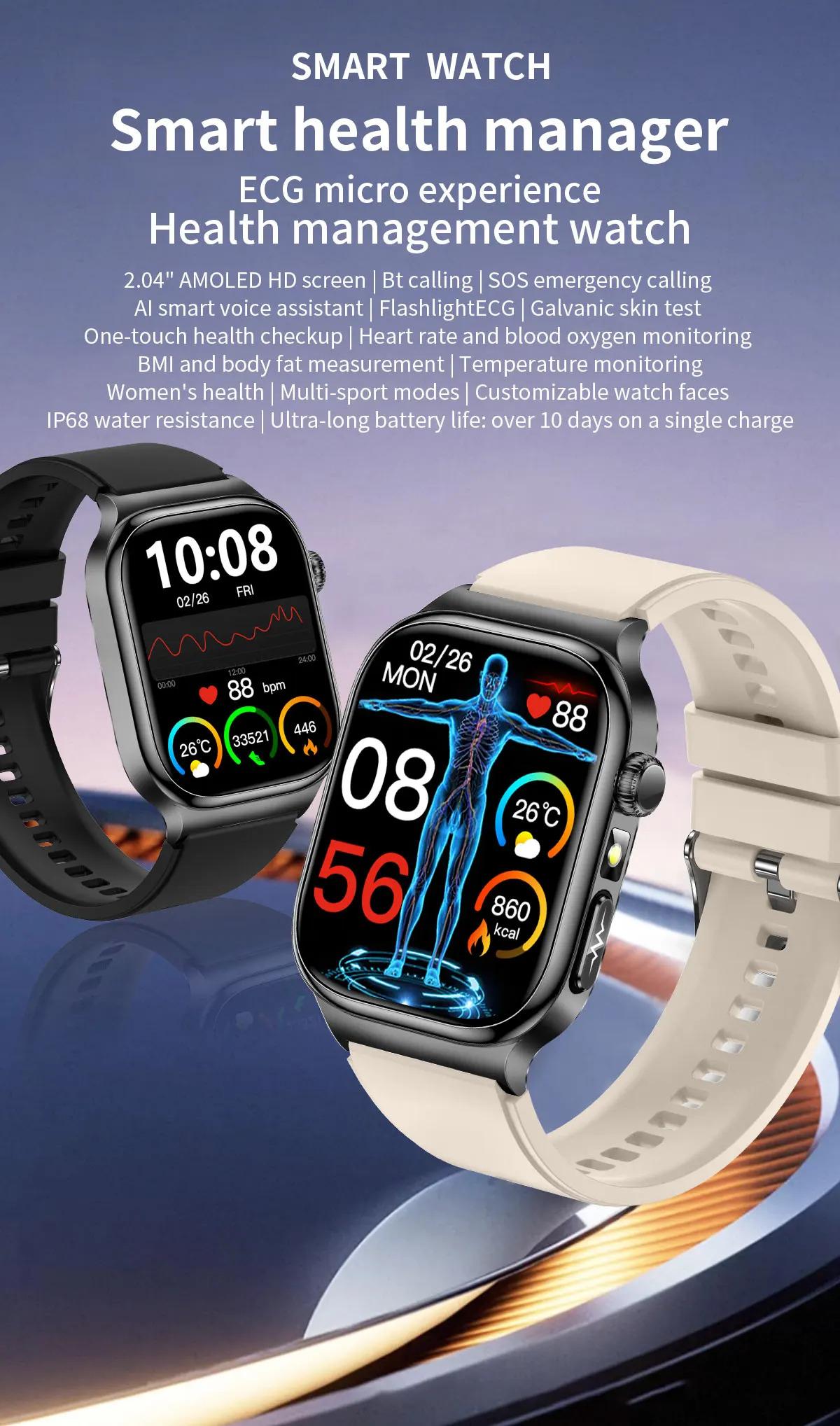 CoolWiz Health Blood Pressure ECG + PPG Monitor Smartwatch for Men — uric acid, blood fat, five organ monitoring, call capability, health tracker, compatible with iOS, suitable for outdoor sports and daily use - gallery