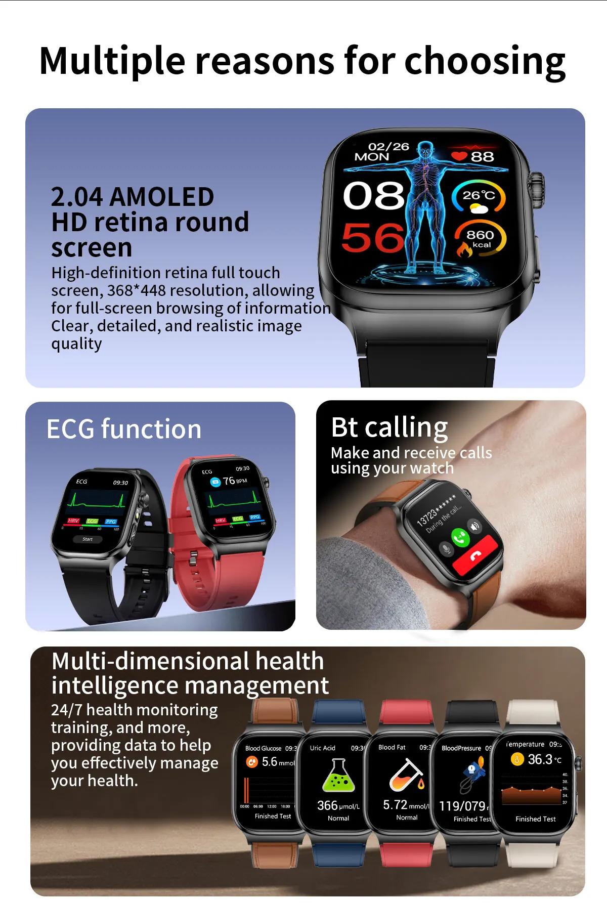 CoolWiz Health Blood Pressure ECG + PPG Monitor Smartwatch for Men — uric acid, blood fat, five organ monitoring, call capability, health tracker, compatible with iOS, suitable for outdoor sports and daily use - gallery