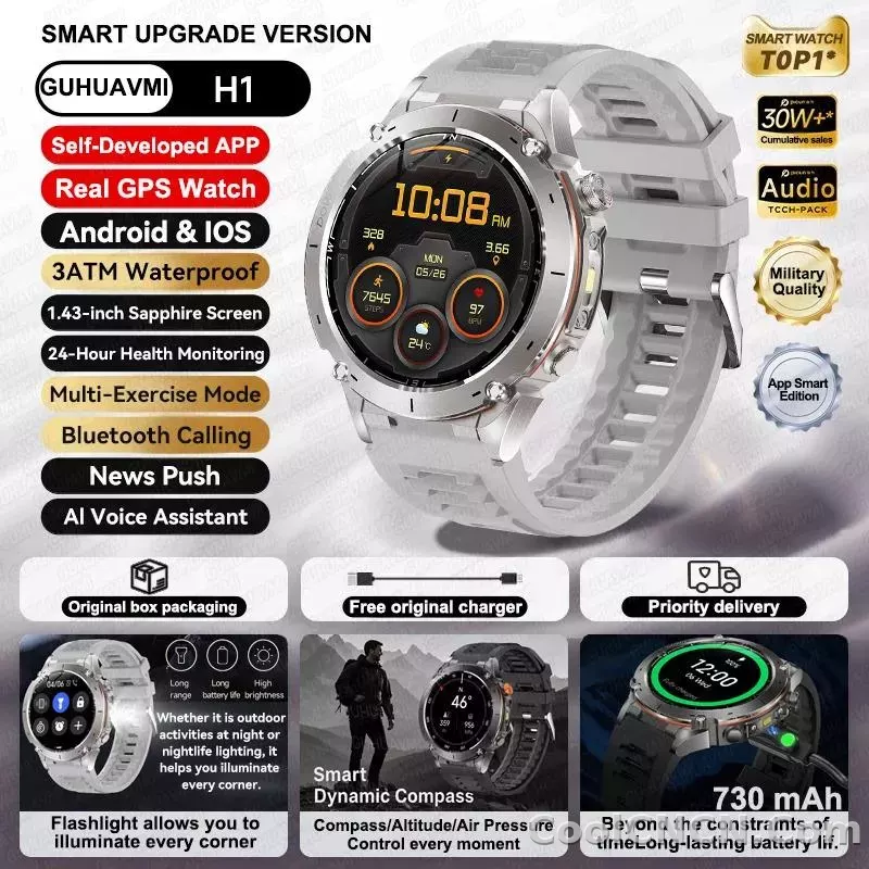 CoolWiz New Outdoor Military Smart Watch for Men with GPS, 3 ATM water resistance, AMOLED sports mode, 730 mAh battery, compass; fitness smartwatch for daily outdoor sports use - detail