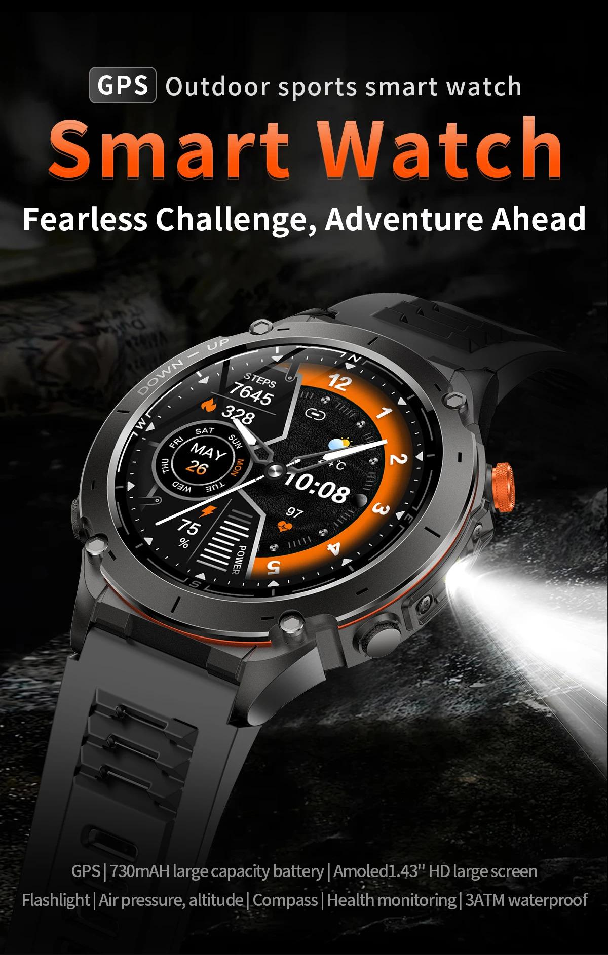 CoolWiz New Outdoor Military Smart Watch for Men with GPS, 3 ATM water resistance, AMOLED sports mode, 730 mAh battery, compass; fitness smartwatch for daily outdoor sports use - gallery