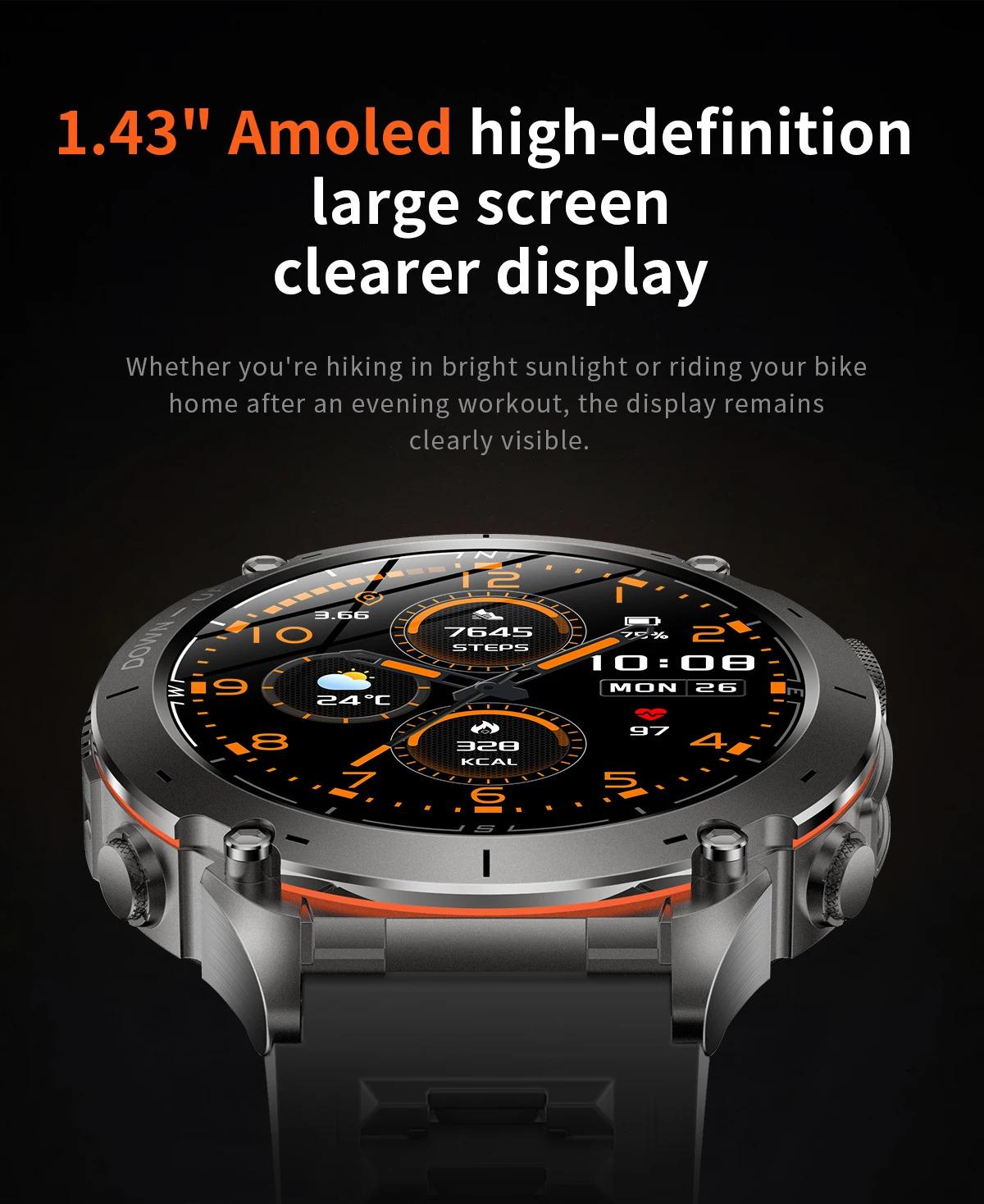CoolWiz New Outdoor Military Smart Watch for Men with GPS, 3 ATM water resistance, AMOLED sports mode, 730 mAh battery, compass; fitness smartwatch for daily outdoor sports use - gallery