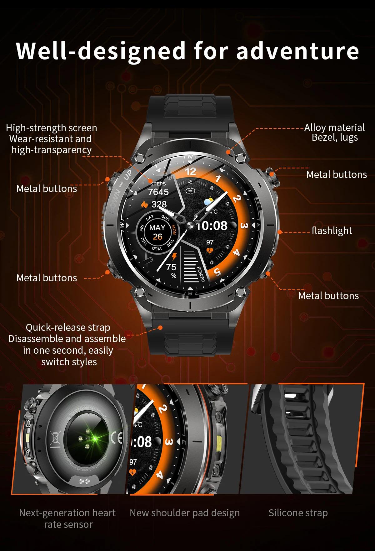 CoolWiz New Outdoor Military Smart Watch for Men with GPS, 3 ATM water resistance, AMOLED sports mode, 730 mAh battery, compass; fitness smartwatch for daily outdoor sports use - gallery