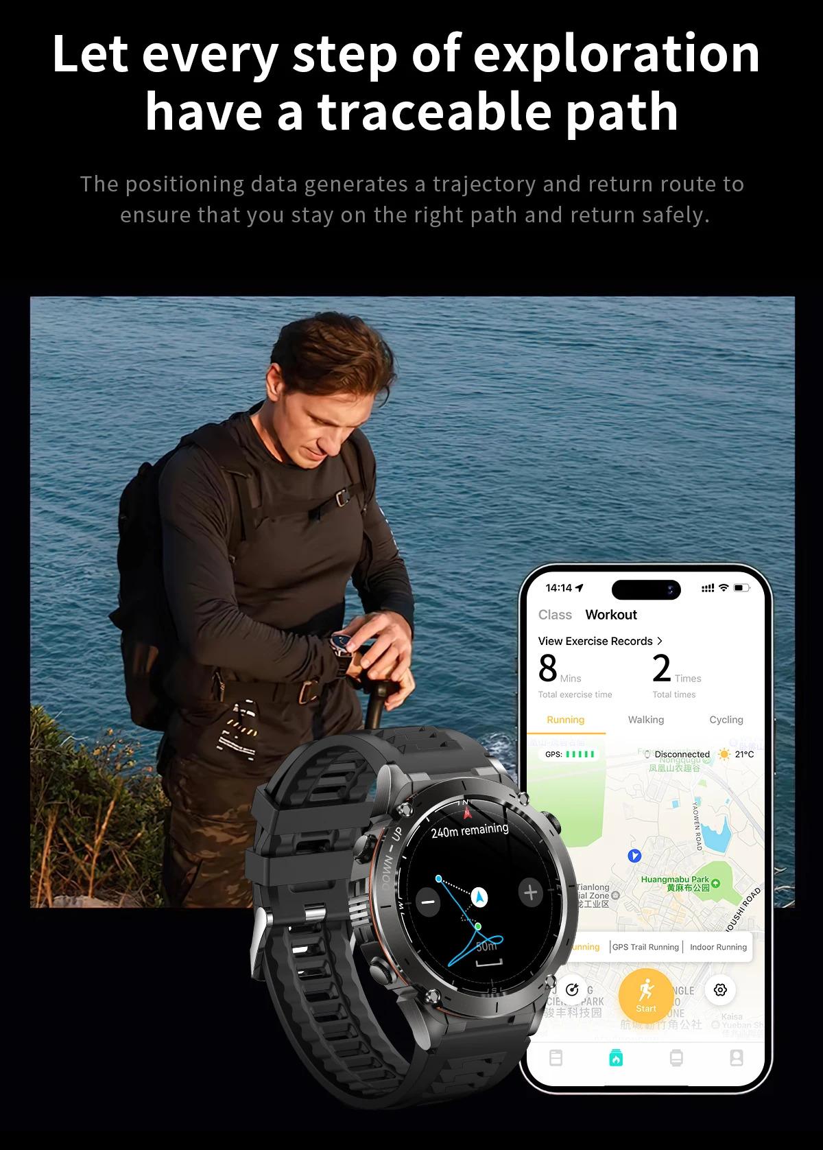 CoolWiz New Outdoor Military Smart Watch for Men with GPS, 3 ATM water resistance, AMOLED sports mode, 730 mAh battery, compass; fitness smartwatch for daily outdoor sports use - gallery