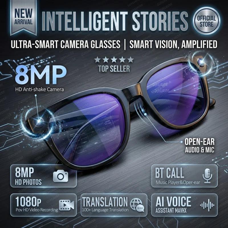 CoolWiz AI Smart Glasses for New Vlog, 1080p HD video recording, ChatGPT call support, Bluetooth calling, 100+ music players, translation features, black glasses for men, suitable for outdoor sports and everyday use - gallery