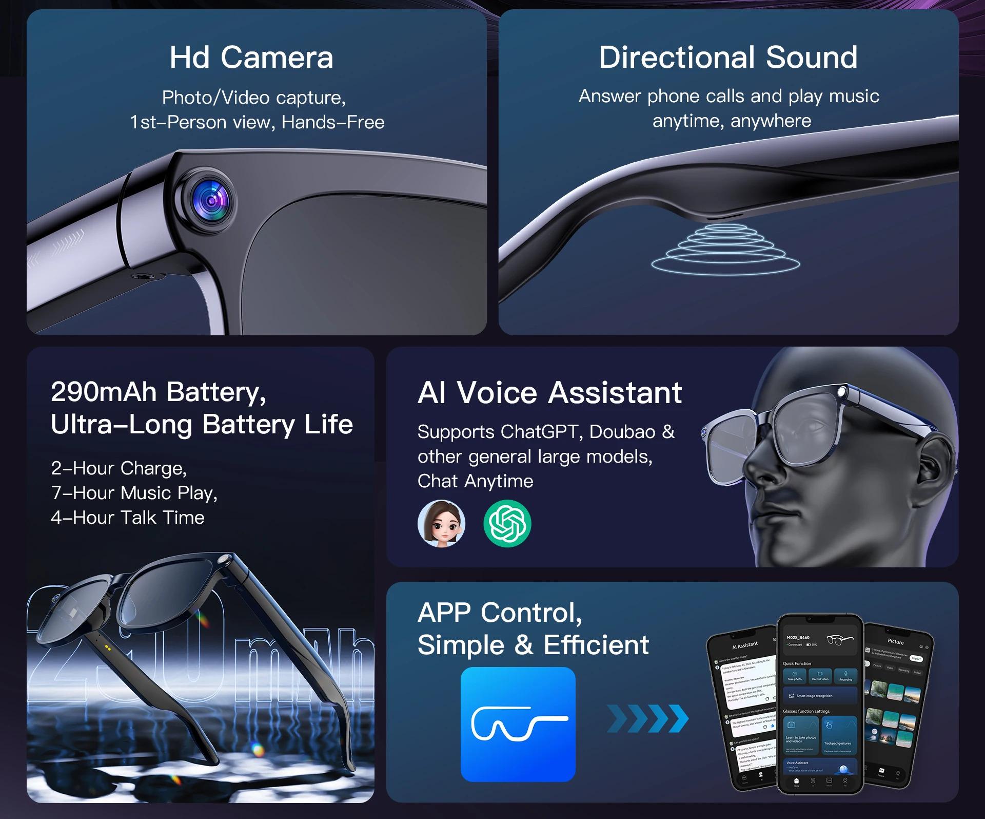 CoolWiz AI Smart Glasses for New Vlog, 1080p HD video recording, ChatGPT call support, Bluetooth calling, 100+ music players, translation features, black glasses for men, suitable for outdoor sports and everyday use - gallery