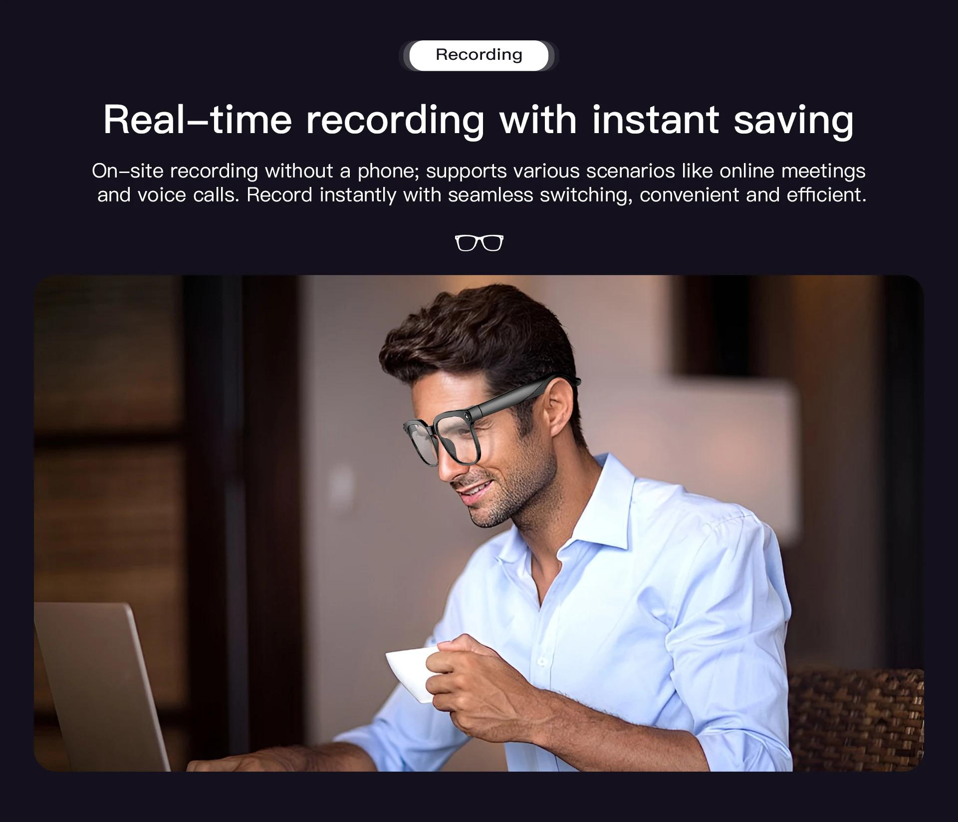 CoolWiz AI Smart Glasses for New Vlog, 1080p HD video recording, ChatGPT call support, Bluetooth calling, 100+ music players, translation features, black glasses for men, suitable for outdoor sports and everyday use - gallery
