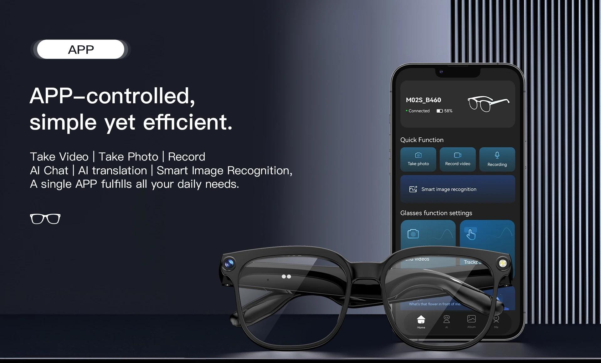 CoolWiz AI Smart Glasses for New Vlog, 1080p HD video recording, ChatGPT call support, Bluetooth calling, 100+ music players, translation features, black glasses for men, suitable for outdoor sports and everyday use - gallery