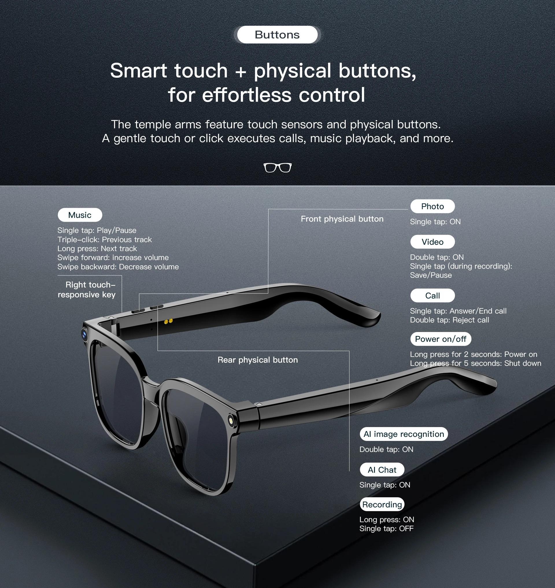 CoolWiz AI Smart Glasses for New Vlog, 1080p HD video recording, ChatGPT call support, Bluetooth calling, 100+ music players, translation features, black glasses for men, suitable for outdoor sports and everyday use - gallery