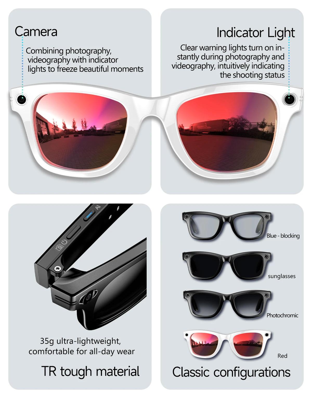 CoolWiz smart glasses with a 1080P video camera, black sunglasses, Bluetooth call translation, music playback, recording, men’s photochromic glasses for outdoor sports and everyday use - gallery