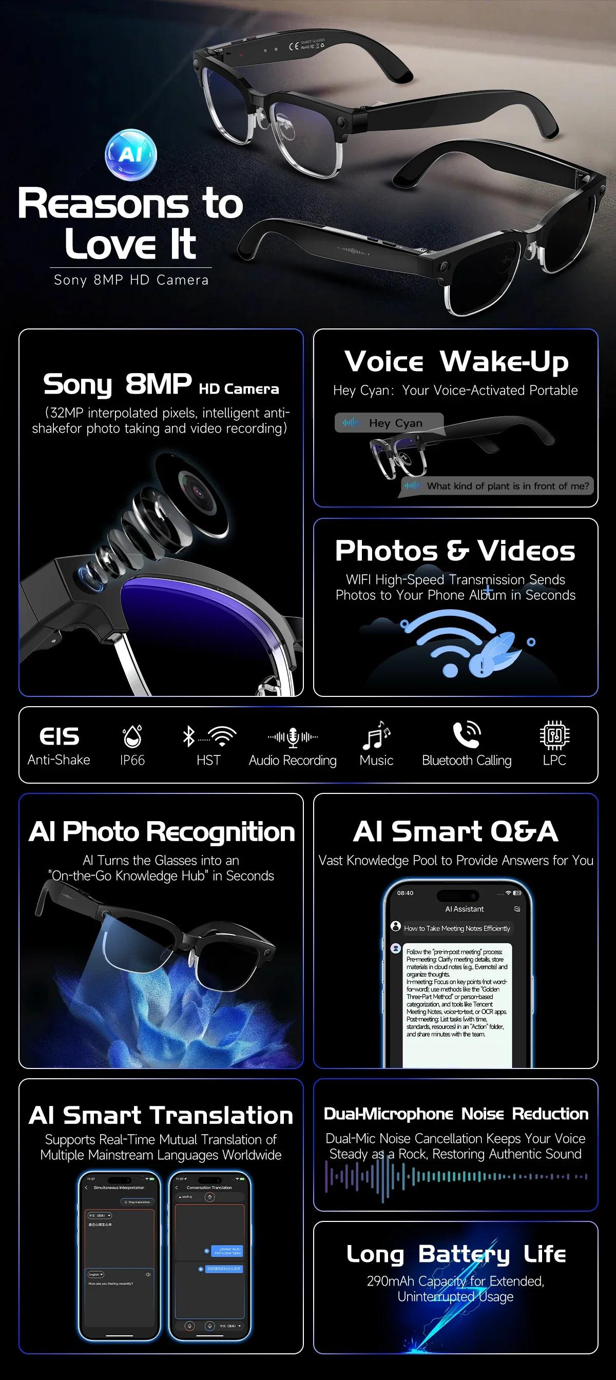 CoolWiz New AI Smart Glasses — 120+ Language Translations, 8MP Camera, 8K Resolution, Video & Music Playback, Business Calls, Color‑Changing Lenses, for Men, suitable for outdoor sports and everyday use - gallery
