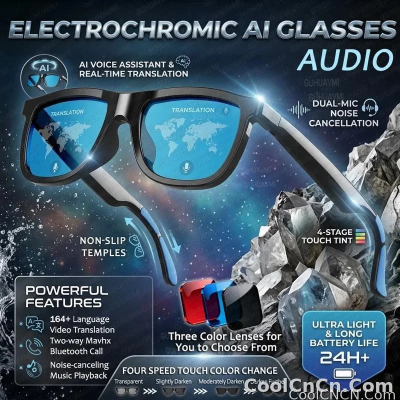CoolWiz Smart Glasses with Audio, Electrochromic Lenses, Touch Controls, 4 New Speed Levels, 164+ Language Translations, Bluetooth Calling, Blackout Sunglasses, Music, ChatGPT — for outdoor sports and everyday use