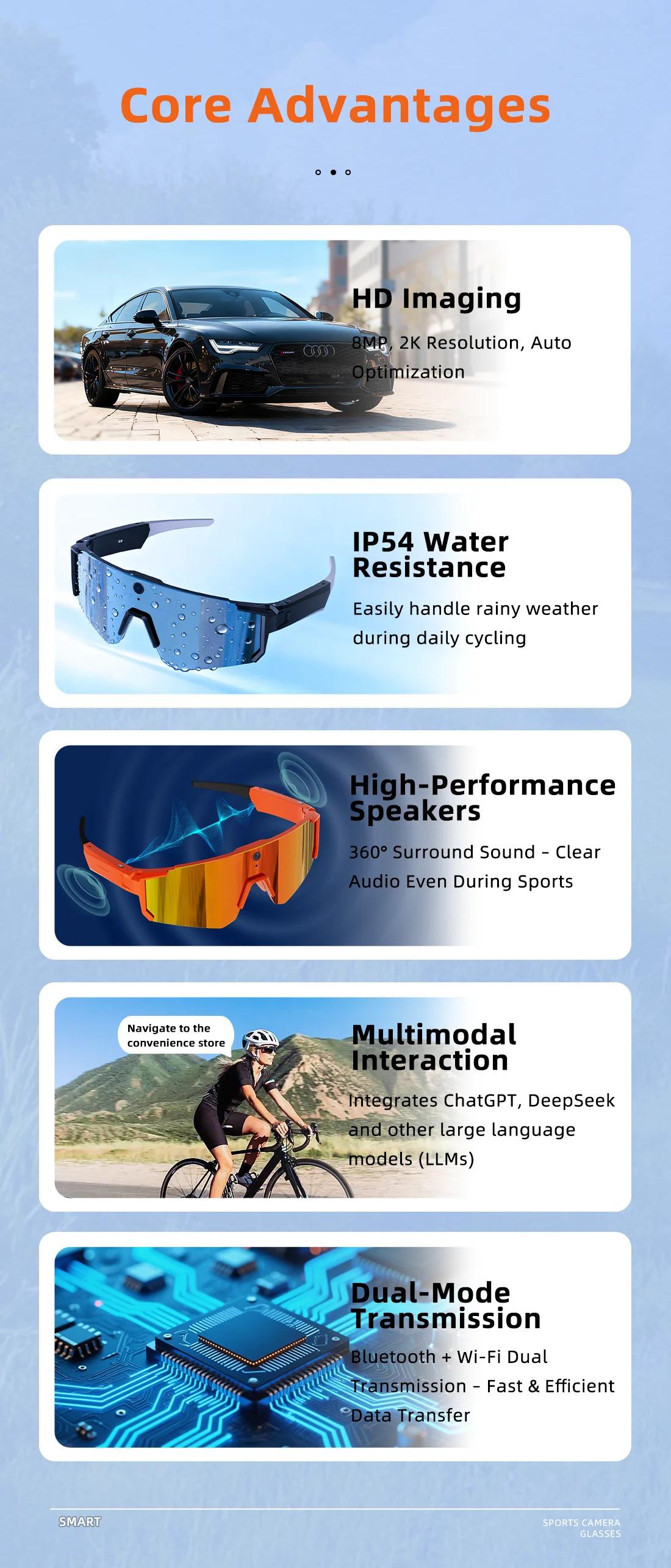 CoolWiz WiFi smart 8MP camera glasses for men, 1080p HD video recording, 32GB storage, polarized sunglasses with AI voice dialogue translation, suitable for sports and outdoor daily use - gallery