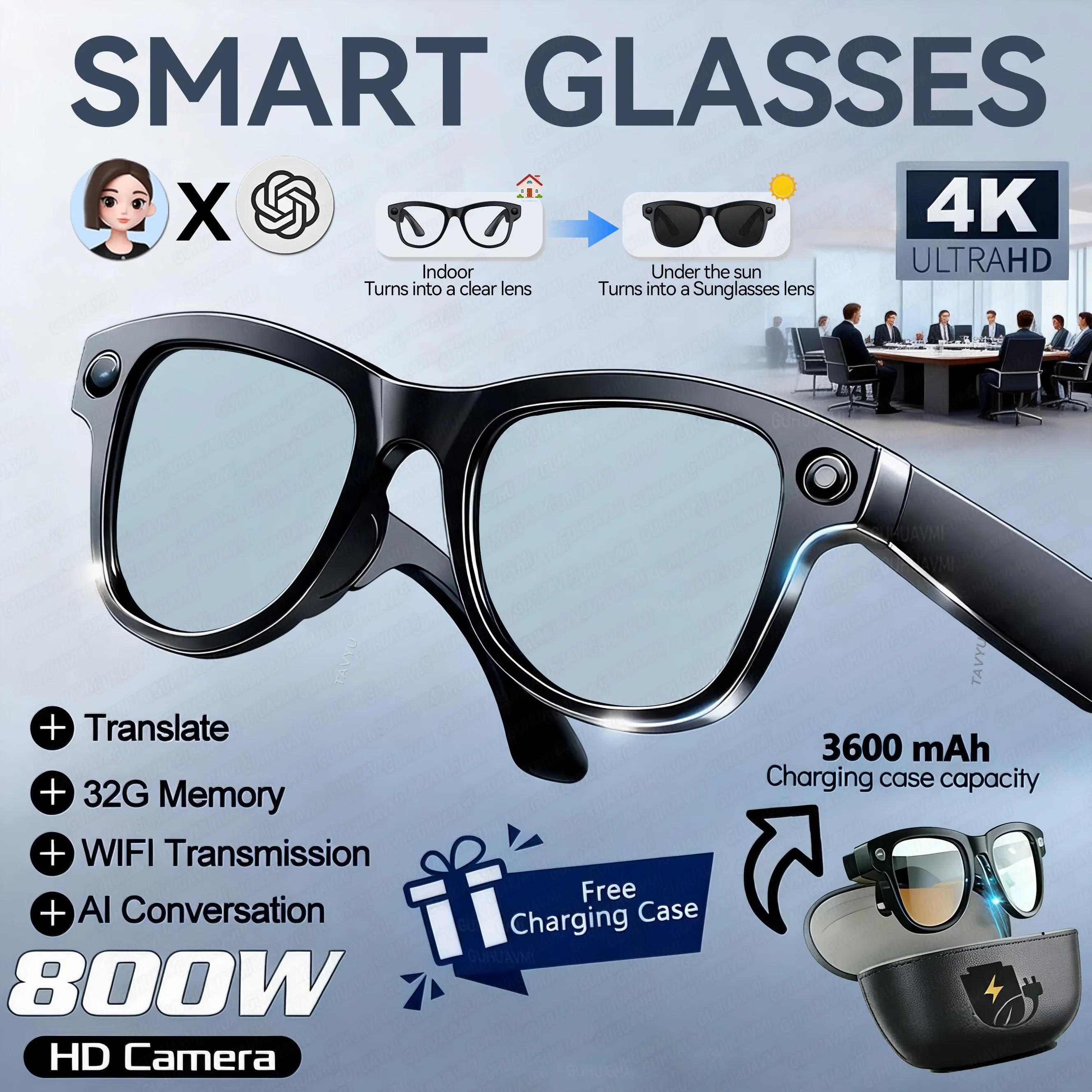 CoolWizNew 3600MAh Sarung Pengecas Cermin Mata Pintar AI Lelaki 800W Kamera Pixel 1080P Video POV 100+Terjemahan Pembantu AI Cermin Mata Hitam IOS Untuk Sukan Luar Penggunaan Harian - gallery