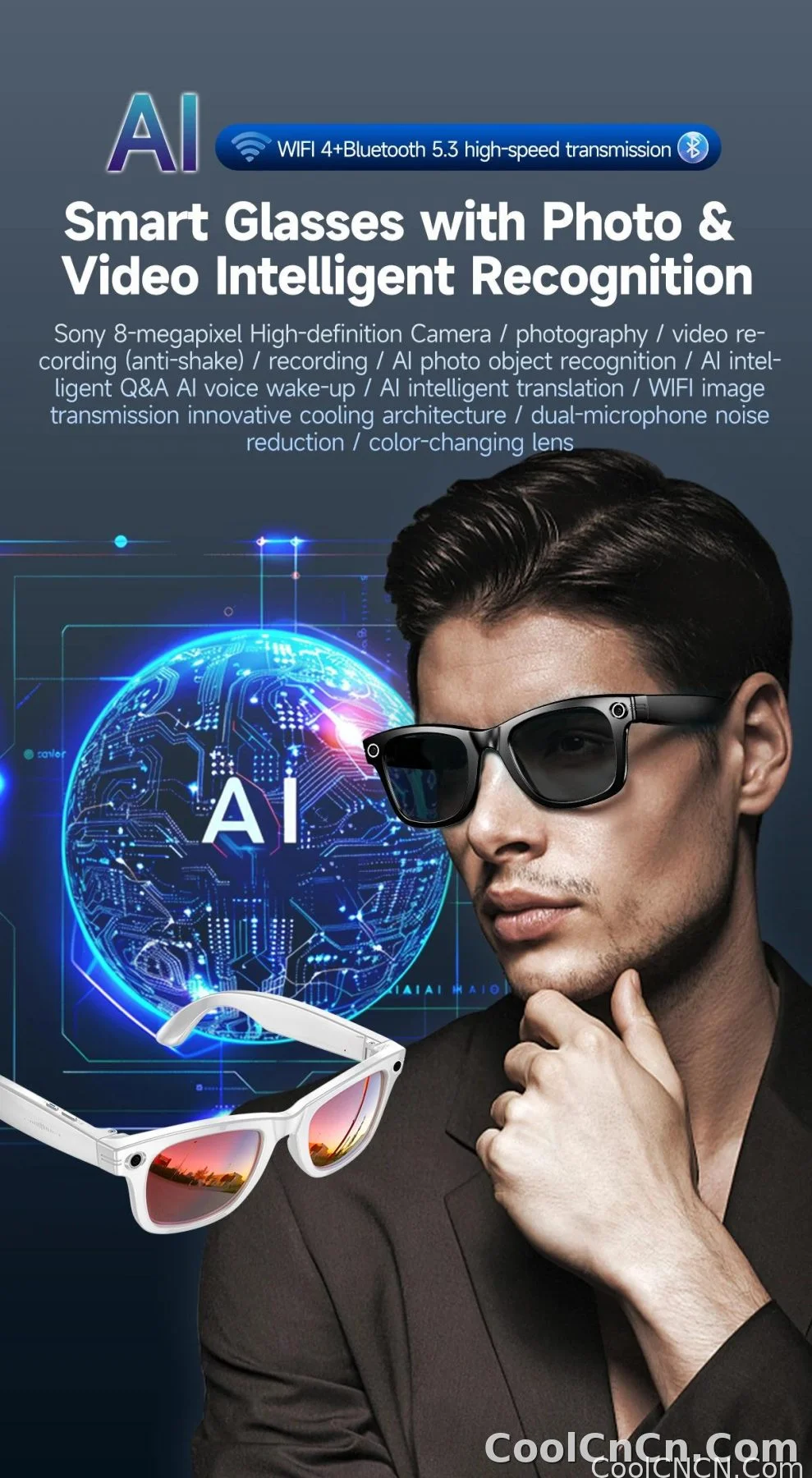 CoolWiz Camera HD Pixel 800W New 32GB Smart Glasses for Women — Photo Capture & Video Recording, AI Translation, Waterproof AI Glasses for Men, suitable for outdoor sports and daily use - detail