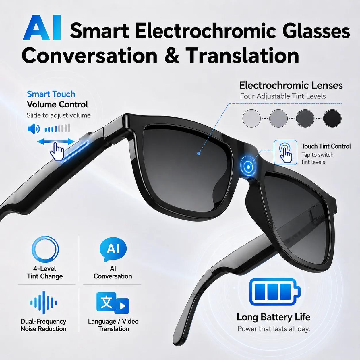 CoolWiz Cermin Mata Pintar Bluetooth 4 Tahap Elektrochromic AI Baharu ChatGPT 164+Terjemahan Bahasa Muzik Panggilan Bebas Tangan Cermin Mata Hitam Untuk Sukan Luar Penggunaan Harian - gallery