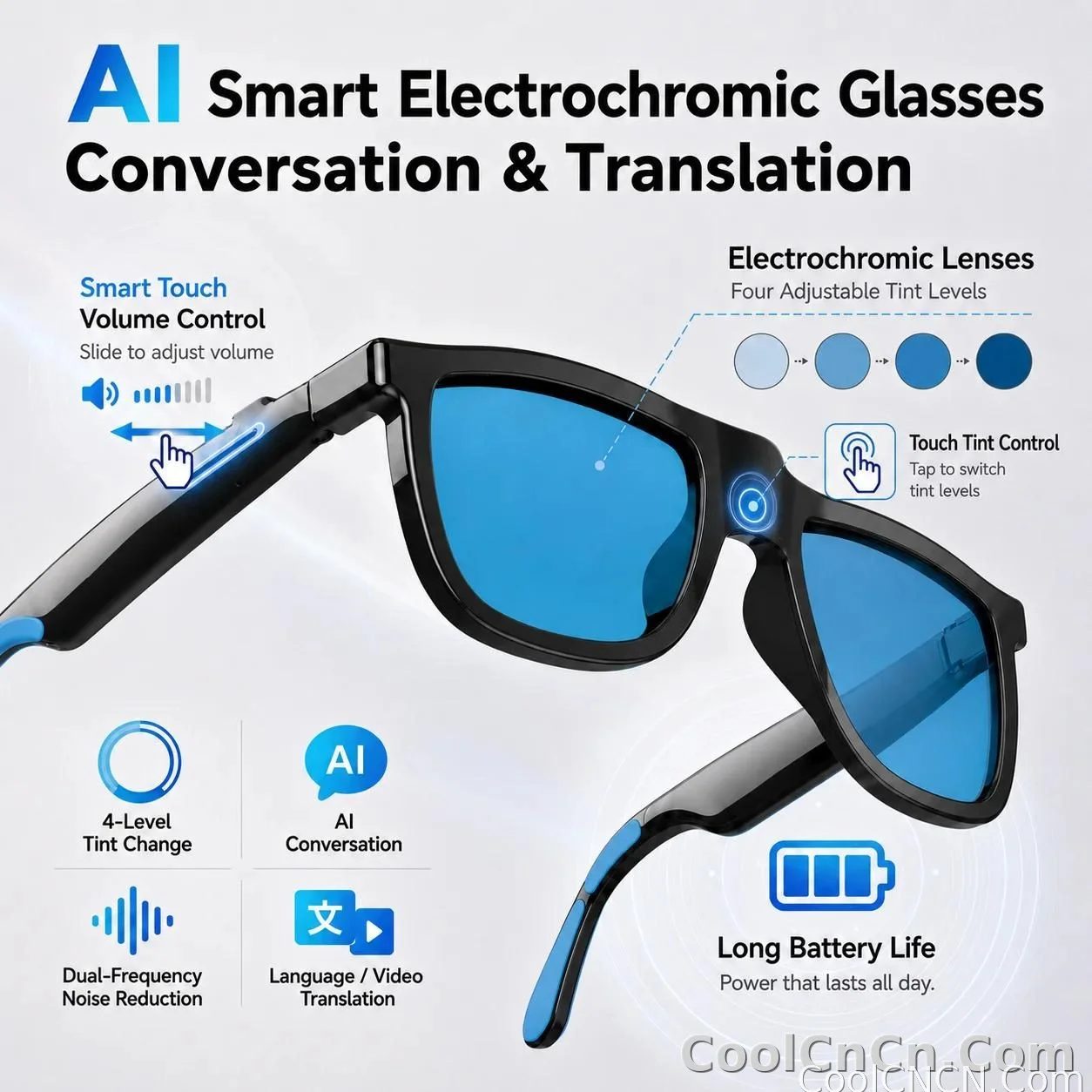 CoolWiz Cermin Mata Pintar Bluetooth 4 Tahap Elektrochromic AI Baharu ChatGPT 164+Terjemahan Bahasa Muzik Panggilan Bebas Tangan Cermin Mata Hitam Untuk Sukan Luar Penggunaan Harian - detail
