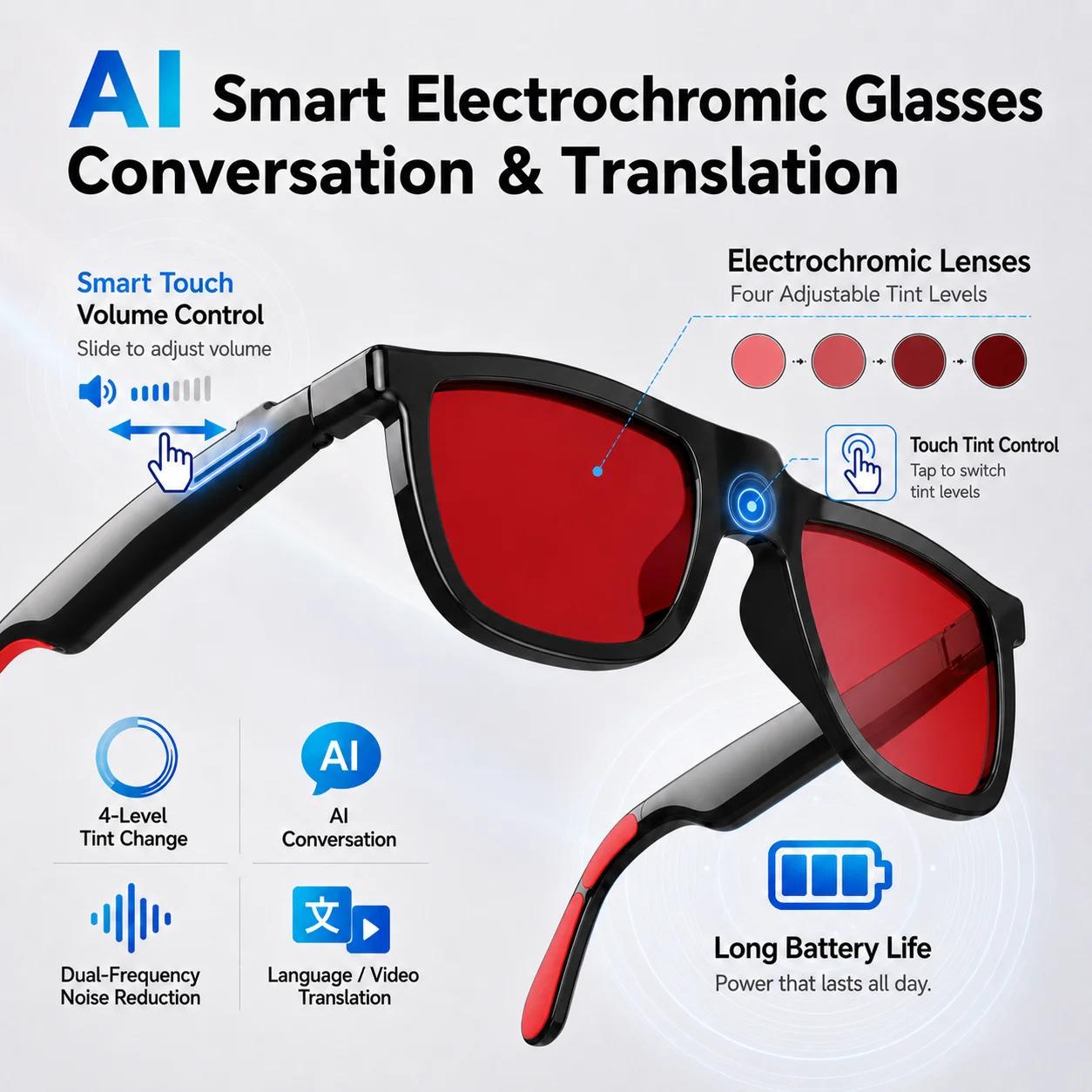 CoolWiz Cermin Mata Pintar Bluetooth 4 Tahap Elektrochromic AI Baharu ChatGPT 164+Terjemahan Bahasa Muzik Panggilan Bebas Tangan Cermin Mata Hitam Untuk Sukan Luar Penggunaan Harian - gallery