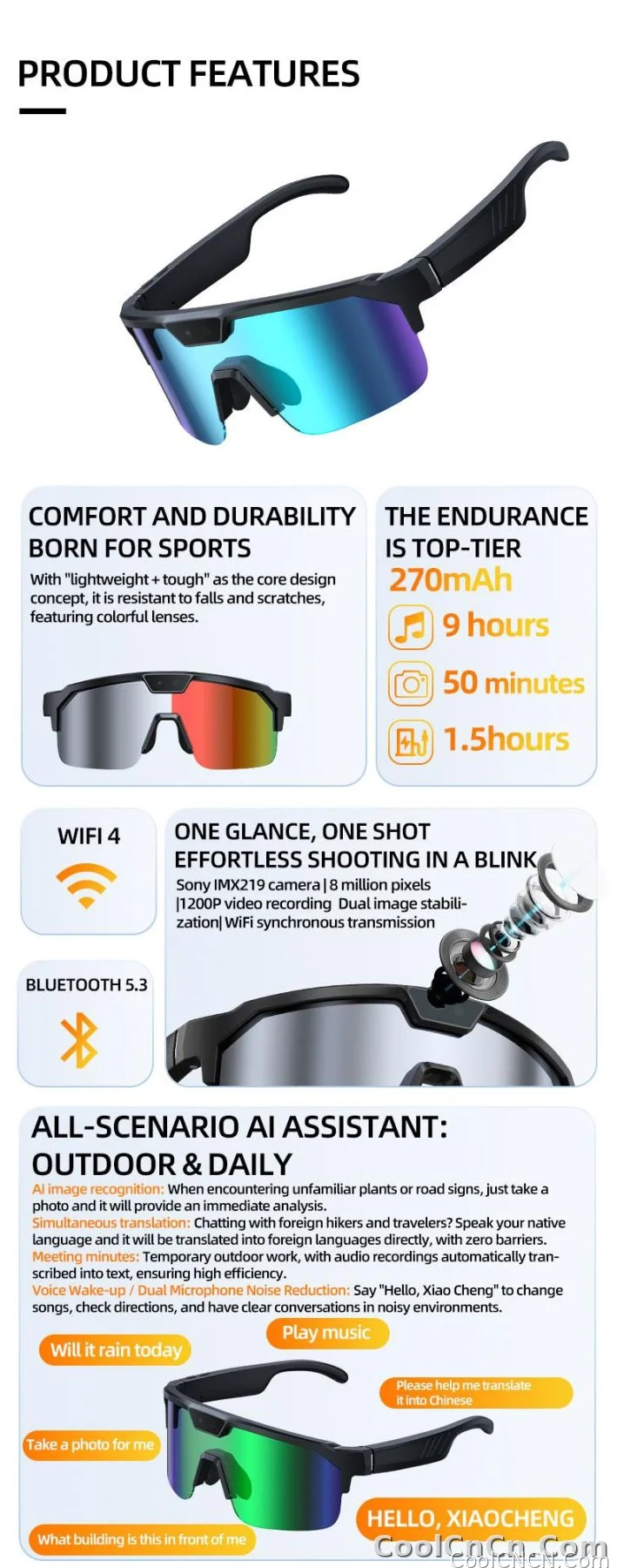 2026 New AI Smart Sports Glasses with 1200P Camera 4k Anti-Shake AI Voice Translator Bluetooth Call Dual Mic Audio Sunglasses - detail