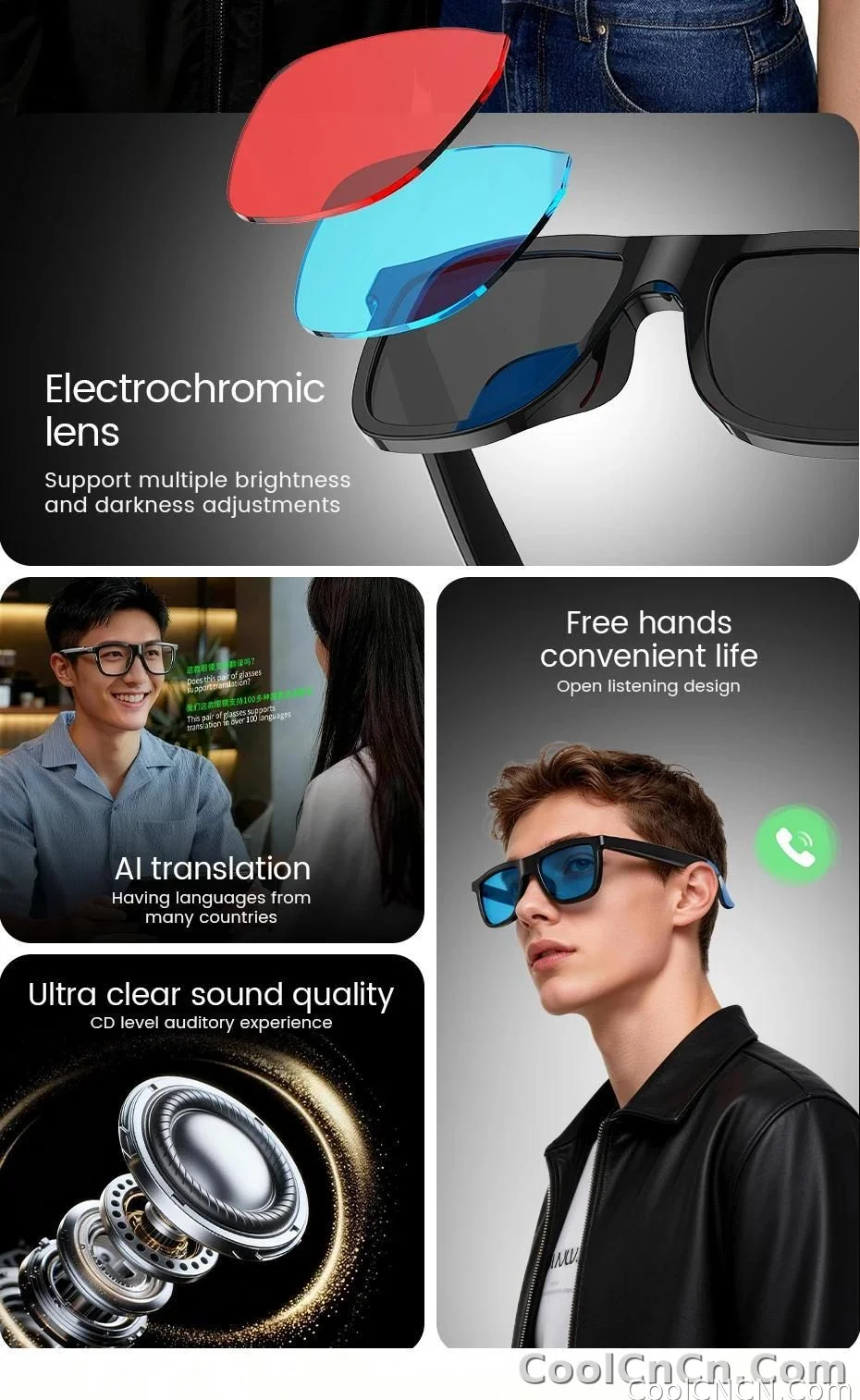 2026 New Electrochromic Lens Audio Smart Glasses Men 164+Language Translation AI ChatGPT BT Call Music Player Sunglasses Women - detail