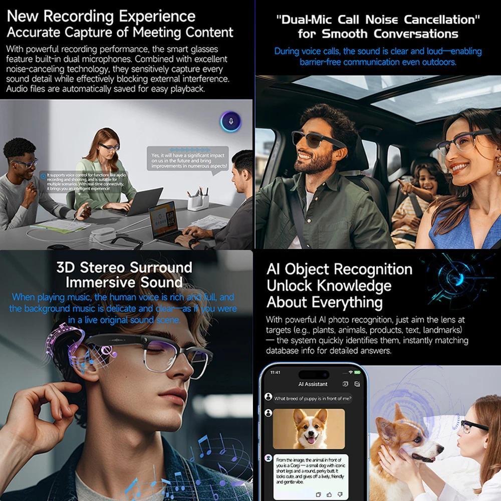 2026New AI Smart Glasses 800W Pixel Camera Various Language Translation Video Music BT Call Business 4K Color Change Glasses Men - gallery