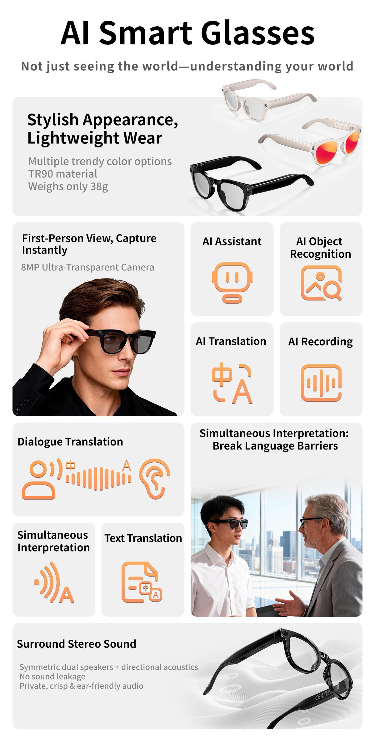 AI Smart Glasses 8MP HD Camera Video Recording AI Translation Voice Assistant TR90 Ultralight Bluetooth Call Music Smart Eyewear - gallery