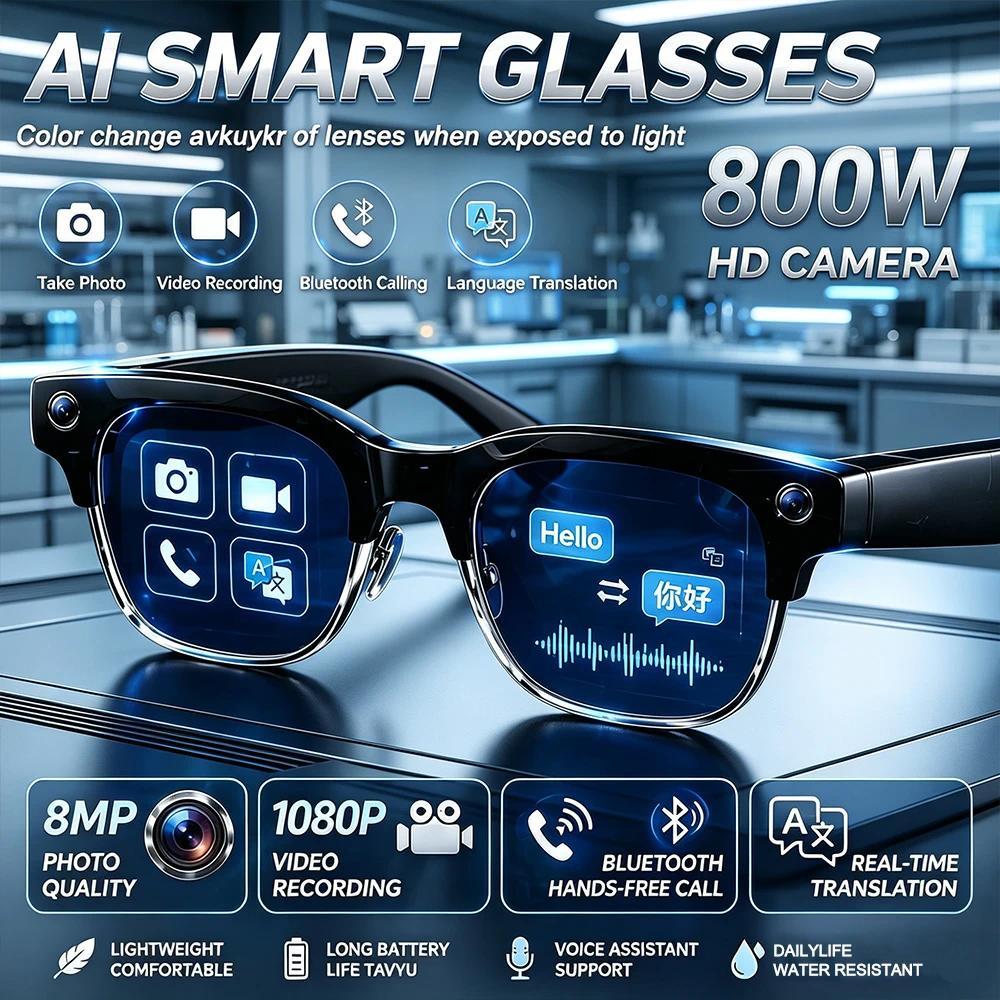 2026 New 800W Pixel Camera Smart AI Glasses Anti-shake Video Record ChatGP WIFI Translation Call Waterproof 32GB Sunglasses Men