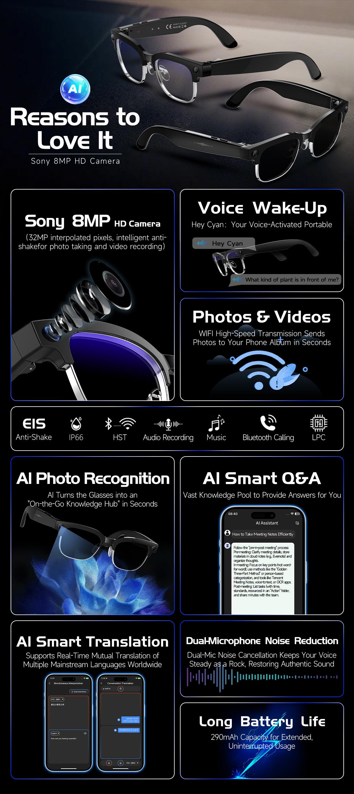 2026 New 800W Pixel Camera Smart AI Glasses Anti-shake Video Record ChatGP WIFI Translation Call Waterproof 32GB Sunglasses Men - gallery